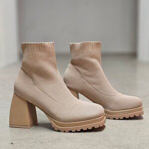 Chunky Heel Ankle Boots With Sock Knit Upper & Lug Sole In Nude
